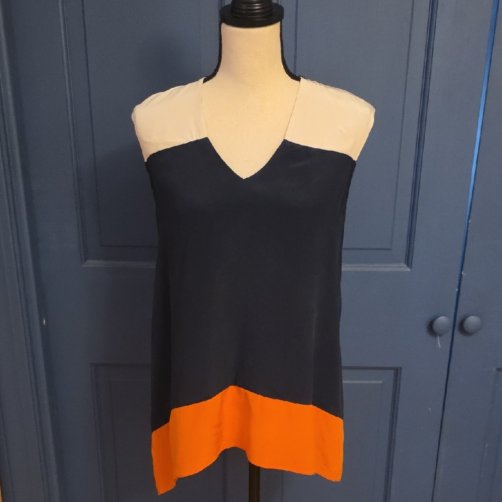 Bailey 44 Navy, White & Orange Colorblock V-Neck Sleeveless Tunic Sz Small